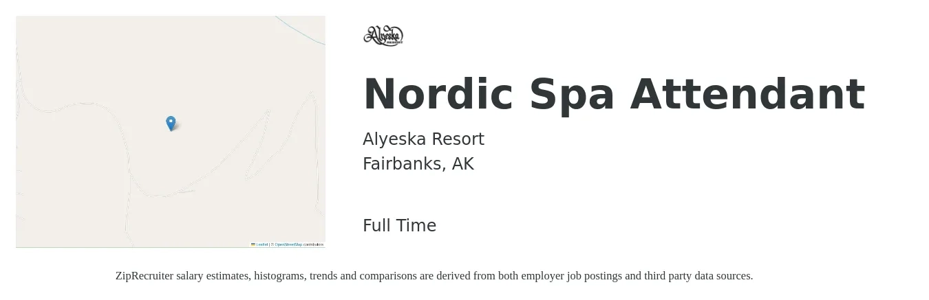 Alyeska Resort job posting for a Nordic Spa Attendant in Fairbanks, AK with a salary of $14 to $18 Hourly with a map of Fairbanks location.