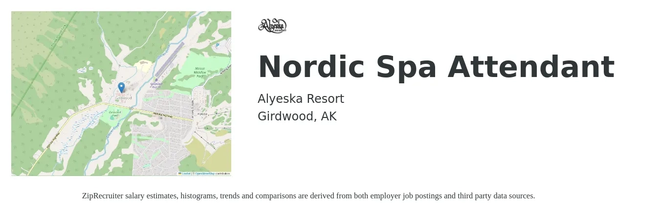 Alyeska Resort job posting for a Nordic Spa Attendant in Girdwood, AK with a salary of $15 to $18 Hourly with a map of Girdwood location.