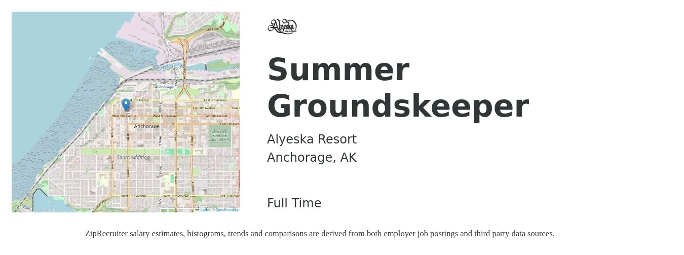 Alyeska Resort job posting for a Summer Groundskeeper in Anchorage, AK with a salary of $16 to $20 Hourly with a map of Anchorage location.