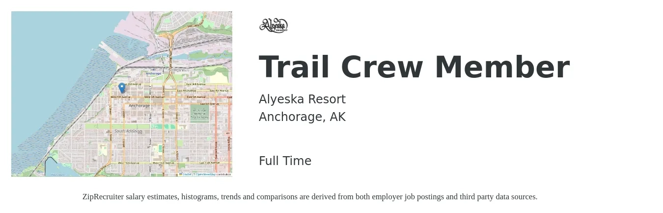 Alyeska Resort job posting for a Trail Crew Member in Anchorage, AK with a salary of $12 to $16 Hourly with a map of Anchorage location.