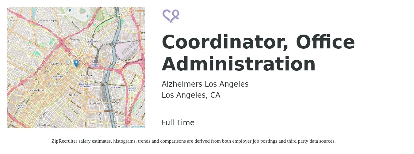 Alzheimers Los Angeles job posting for a Coordinator, Office Administration in Los Angeles, CA with a salary of $20 to $26 Hourly with a map of Los Angeles location.