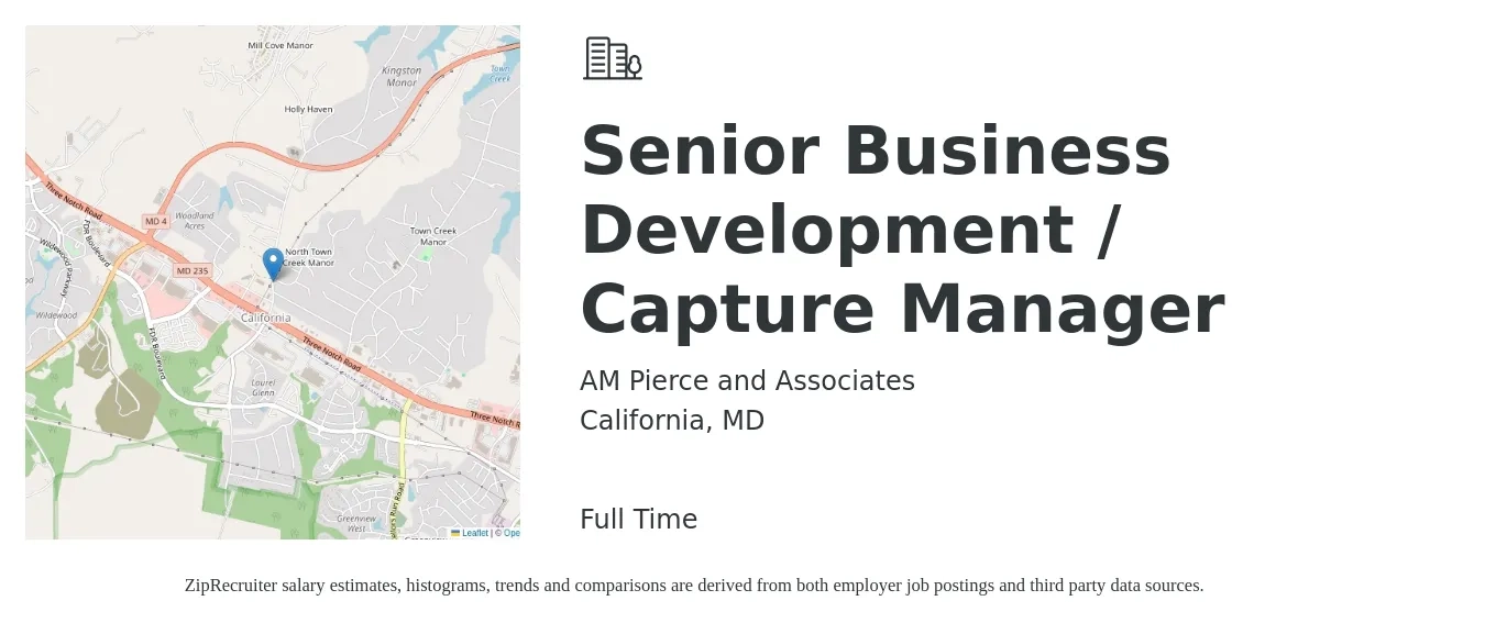 AM Pierce and Associates job posting for a Senior Business Development / Capture Manager in California, MD with a salary of $77,100 to $129,800 Yearly with a map of California location.