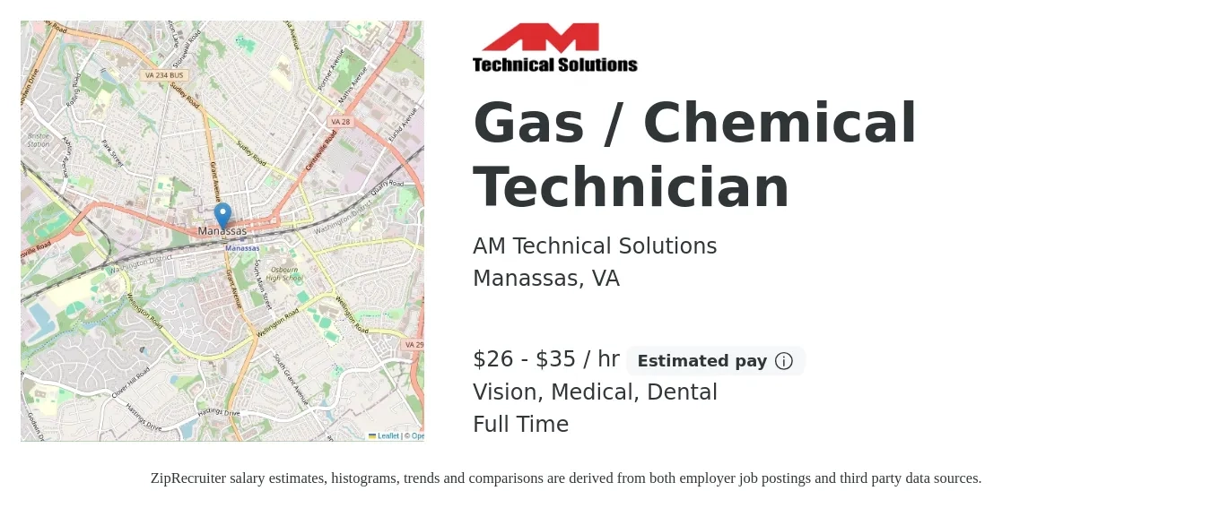 AM Technical Solutions job posting for a Gas / Chemical Technician in Manassas, VA with a salary of $28 to $37 Hourly and benefits including vision, dental, life_insurance, medical, and retirement with a map of Manassas location.