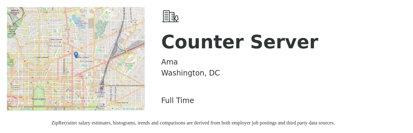 Ama job posting for a Counter Server in Washington, DC with a salary of $16 to $19 Hourly with a map of Washington location.
