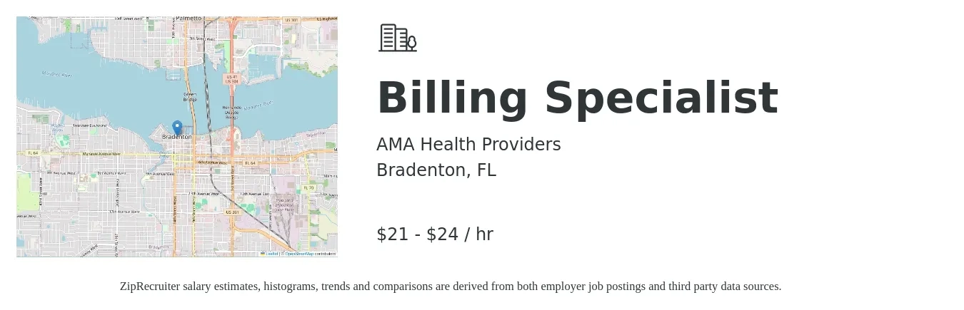 AMA Health Providers job posting for a Billing Specialist in Bradenton, FL with a salary of $22 to $25 Hourly with a map of Bradenton location.