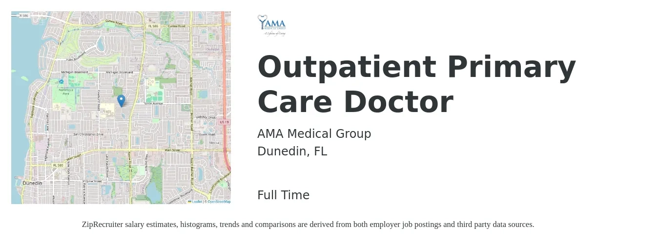 AMA Medical Group job posting for a Outpatient Primary Care Doctor in Dunedin, FL with a salary of $114,800 to $222,400 Yearly with a map of Dunedin location.