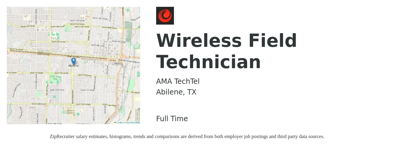 AMA TechTel job posting for a Wireless Field Technician in Abilene, TX with a salary of $21 to $23 Hourly with a map of Abilene location.