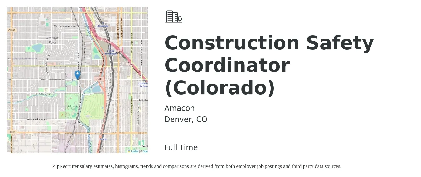 Amacon job posting for a Construction Safety Coordinator (Colorado) in Denver, CO with a salary of $65 Hourly with a map of Denver location.