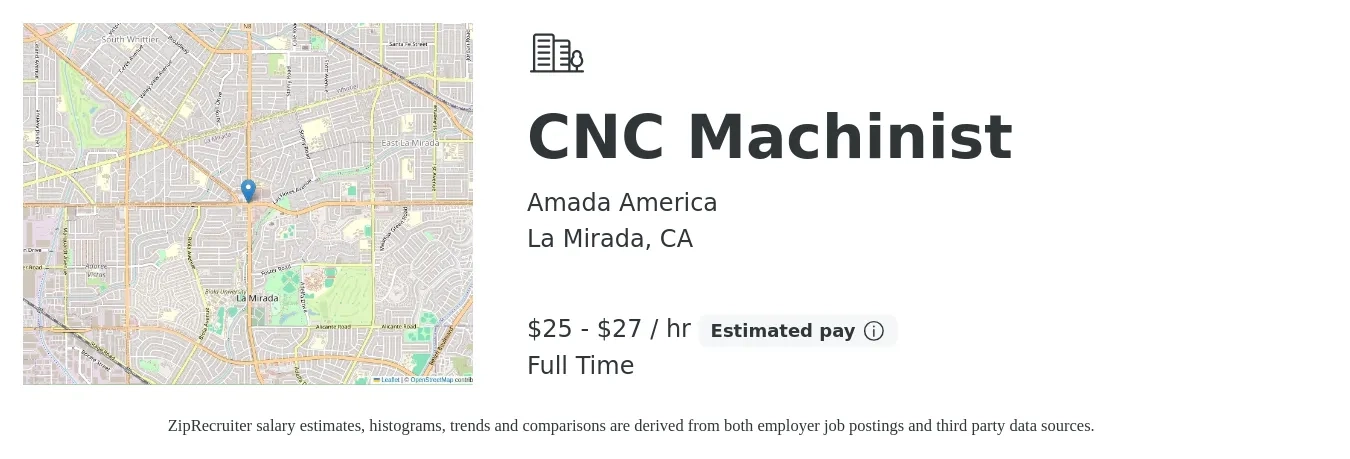 Amada America job posting for a CNC Machinist in La Mirada, CA with a salary of $27 to $29 Hourly with a map of La Mirada location.