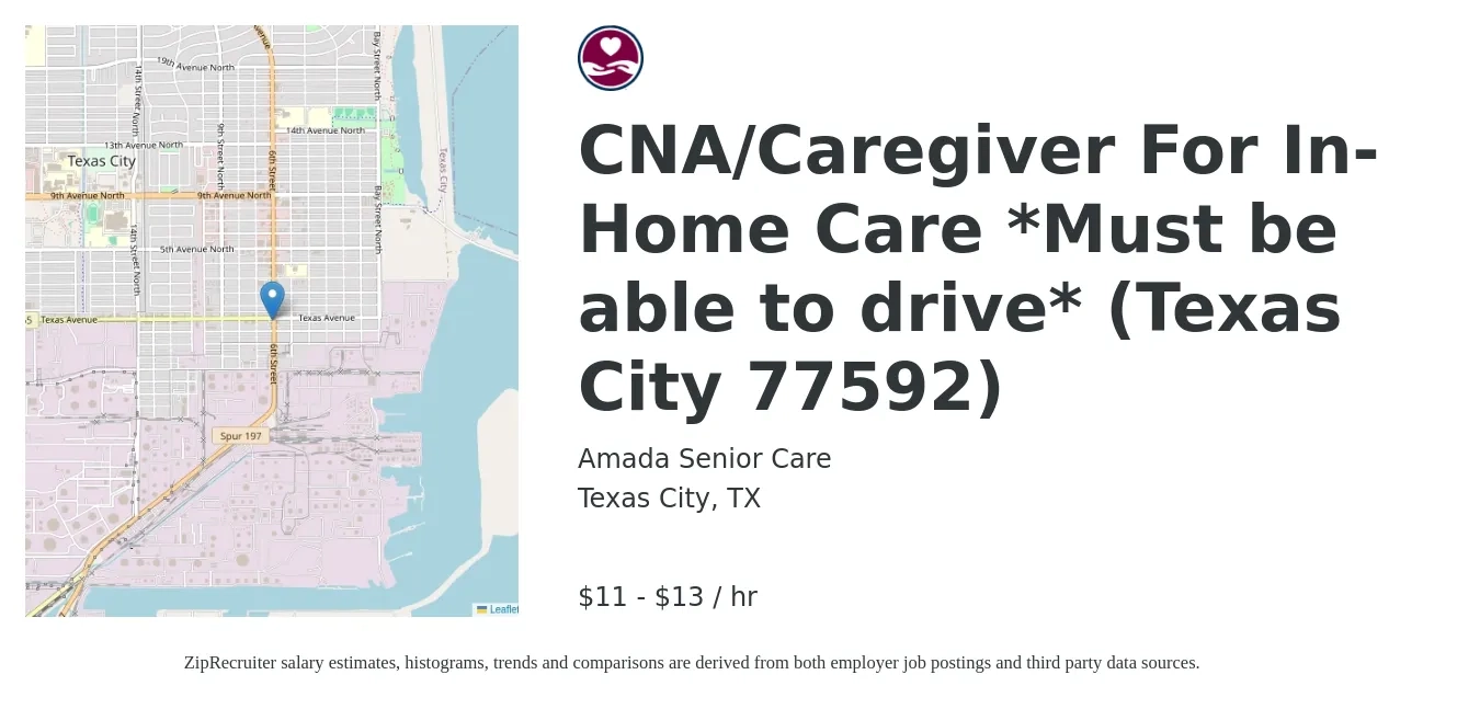 Amada Senior Care job posting for a CNA/Caregiver For In-Home Care *Must be able to drive* (Texas City 77592) in Texas City, TX with a salary of $11 to $13 Hourly with a map of Texas City location.