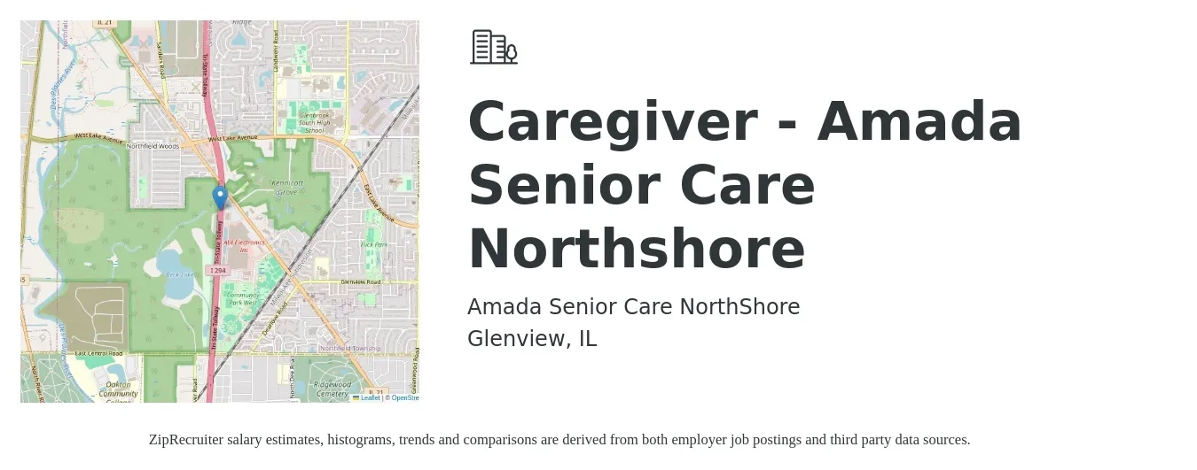 Amada Senior Care NorthShore job posting for a Caregiver - Amada Senior Care Northshore in Glenview, IL with a salary of $16 to $18 Hourly with a map of Glenview location.