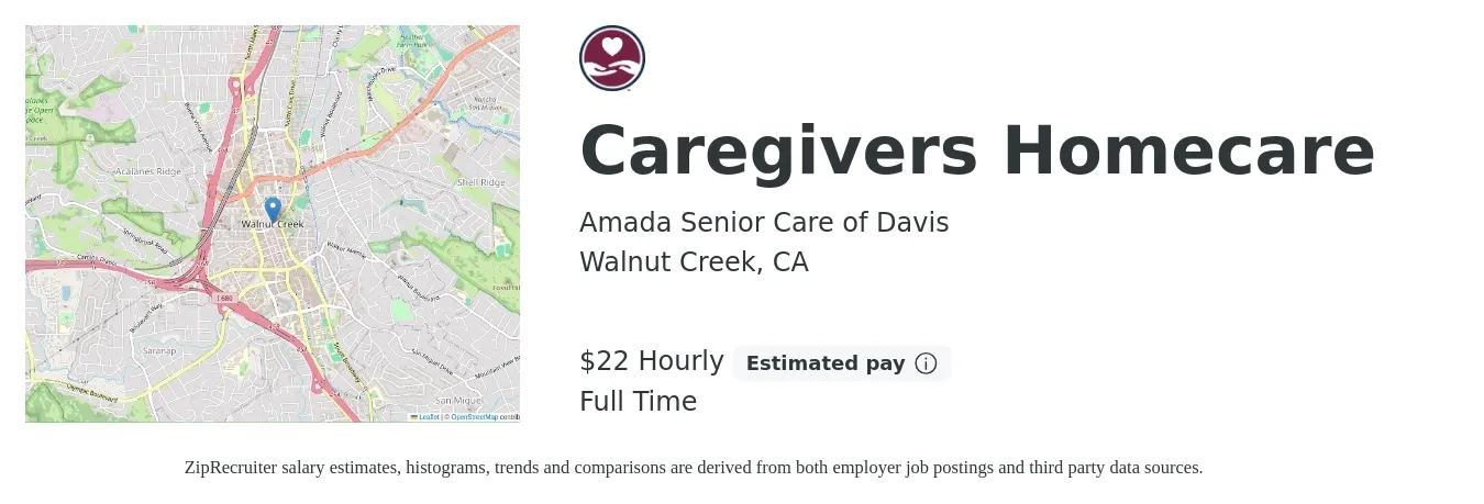 Amada Senior Care of Davis job posting for a Caregivers Homecare in Walnut Creek, CA with a salary of $23 Hourly with a map of Walnut Creek location.