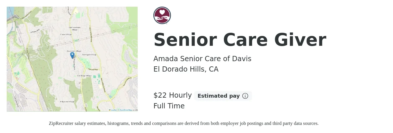 Amada Senior Care of Davis job posting for a Senior Care Giver in El Dorado Hills, CA with a salary of $23 Hourly with a map of El Dorado Hills location.