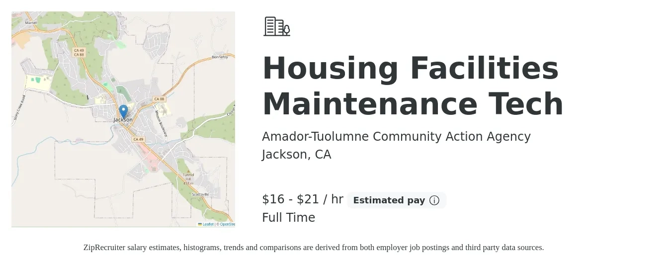 Amador-Tuolumne Community Action Agency job posting for a Housing Facilities Maintenance Tech in Jackson, CA with a salary of $34,443 to $49,205 Yearly with a map of Jackson location.