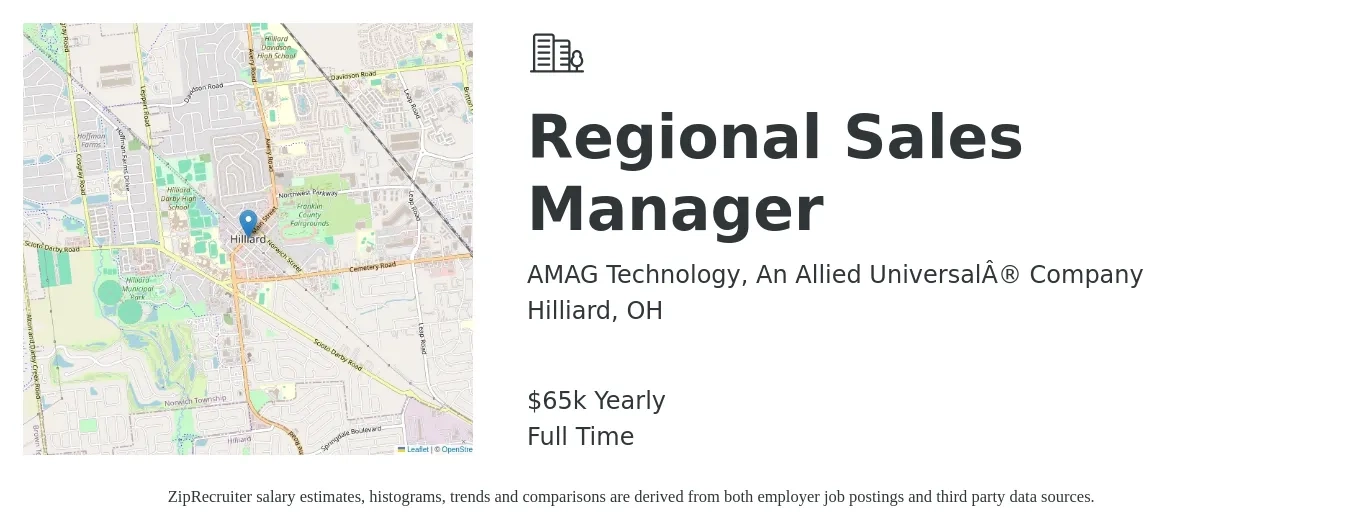 AMAG Technology, An Allied Universal® Company job posting for a Regional Sales Manager in Hilliard, OH with a salary of $65,000 Yearly with a map of Hilliard location.