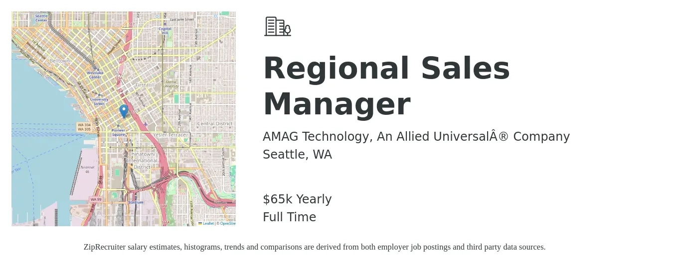 AMAG Technology, An Allied Universal® Company job posting for a Regional Sales Manager in Seattle, WA with a salary of $65,000 Yearly with a map of Seattle location.