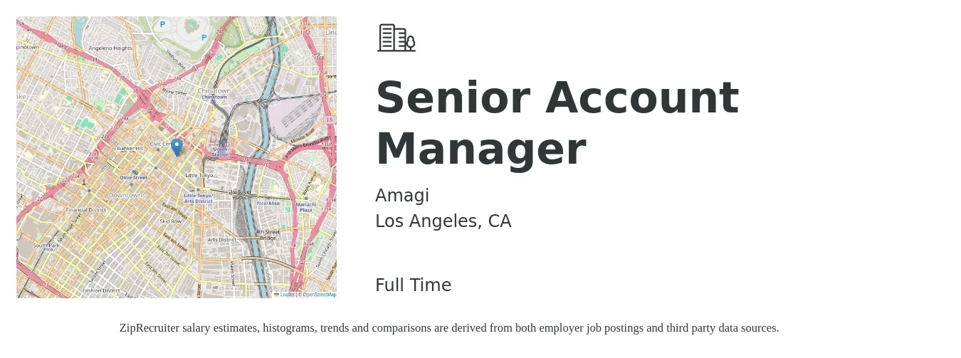 Amagi job posting for a Senior Account Manager in Los Angeles, CA with a salary of $83,500 to $131,500 Yearly with a map of Los Angeles location.