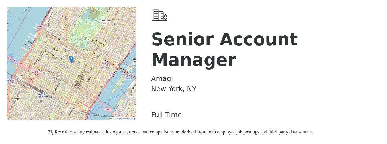 Amagi job posting for a Senior Account Manager in New York, NY with a salary of $84,800 to $133,500 Yearly with a map of New York location.