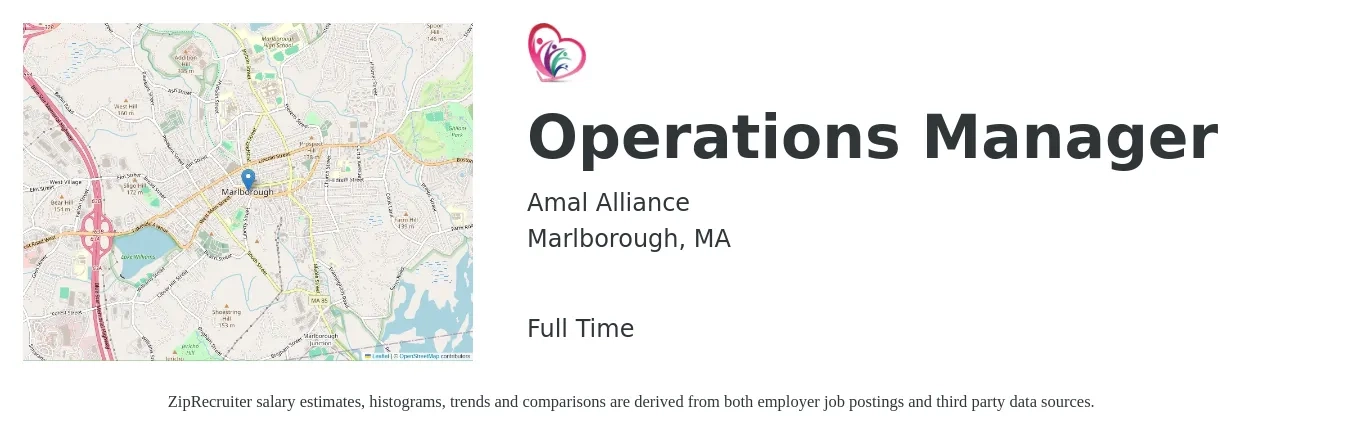 Amal Alliance job posting for a Operations Manager in Marlborough, MA with a salary of $42,500 to $80,400 Yearly with a map of Marlborough location.