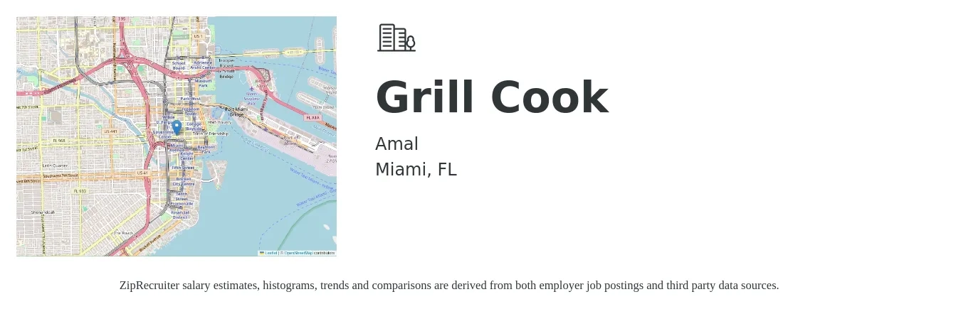 Amal job posting for a Grill Cook in Miami, FL with a salary of $18 to $22 Hourly with a map of Miami location.