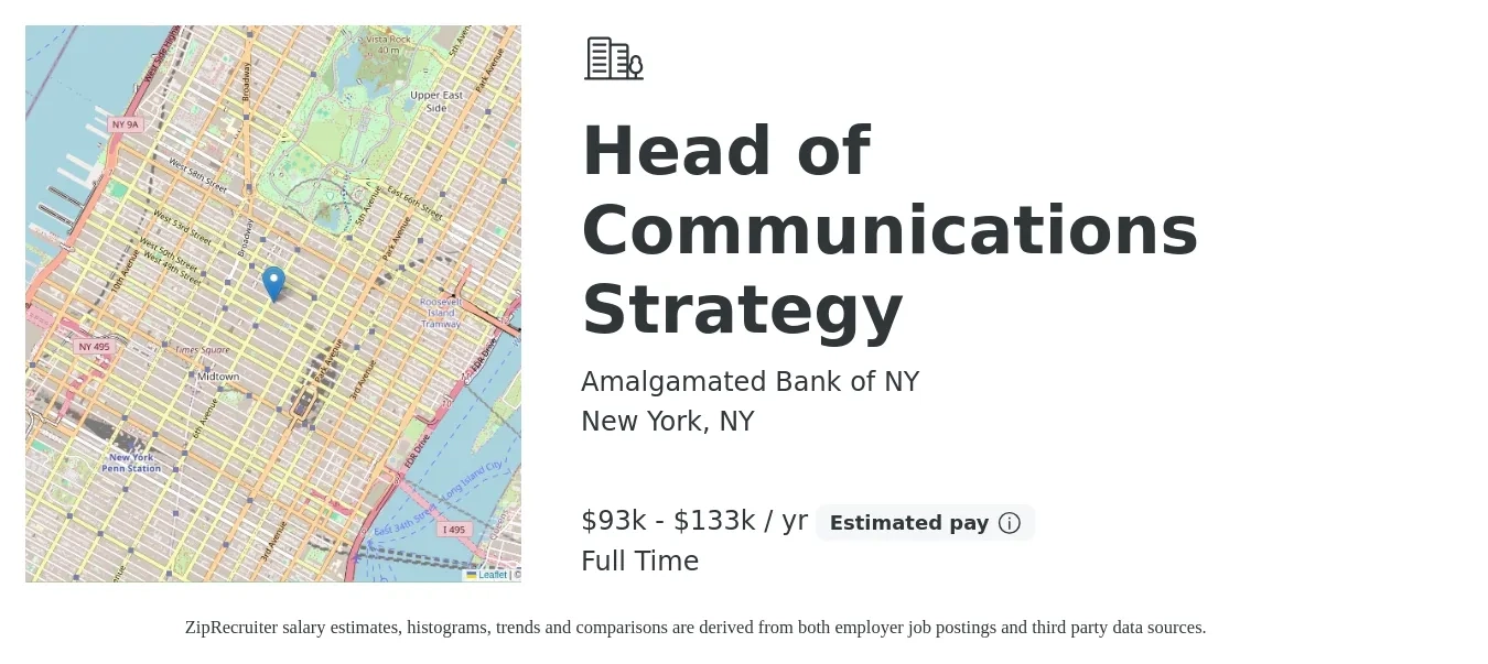 Amalgamated Bank of NY job posting for a Head of Communications Strategy in New York, NY with a salary of $93,000 to $133,000 Yearly with a map of New York location.