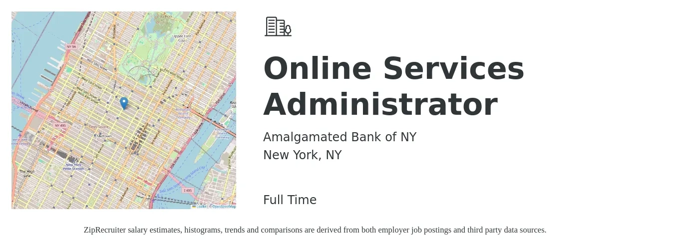Amalgamated Bank of NY job posting for a Online Services Administrator in New York, NY with a salary of $20 to $27 Hourly with a map of New York location.