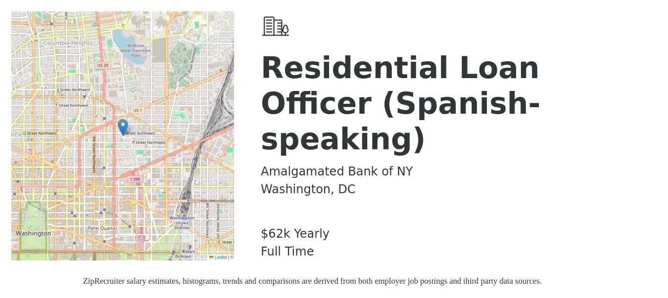 Amalgamated Bank of NY job posting for a Residential Loan Officer (Spanish-speaking) in Washington, DC with a salary of $62,400 Yearly with a map of Washington location.