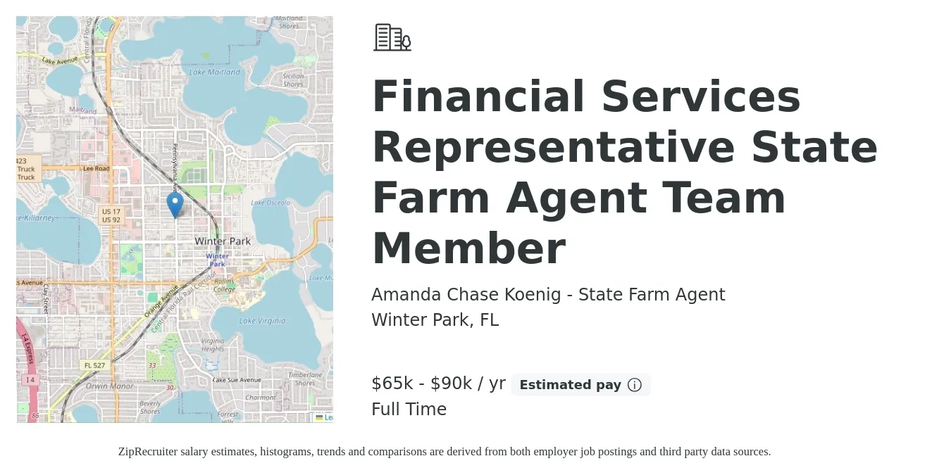 Amanda Chase Koenig - State Farm Agent job posting for a Financial Services Representative State Farm Agent Team Member in Winter Park, FL with a salary of $65,000 to $90,000 Yearly with a map of Winter Park location.