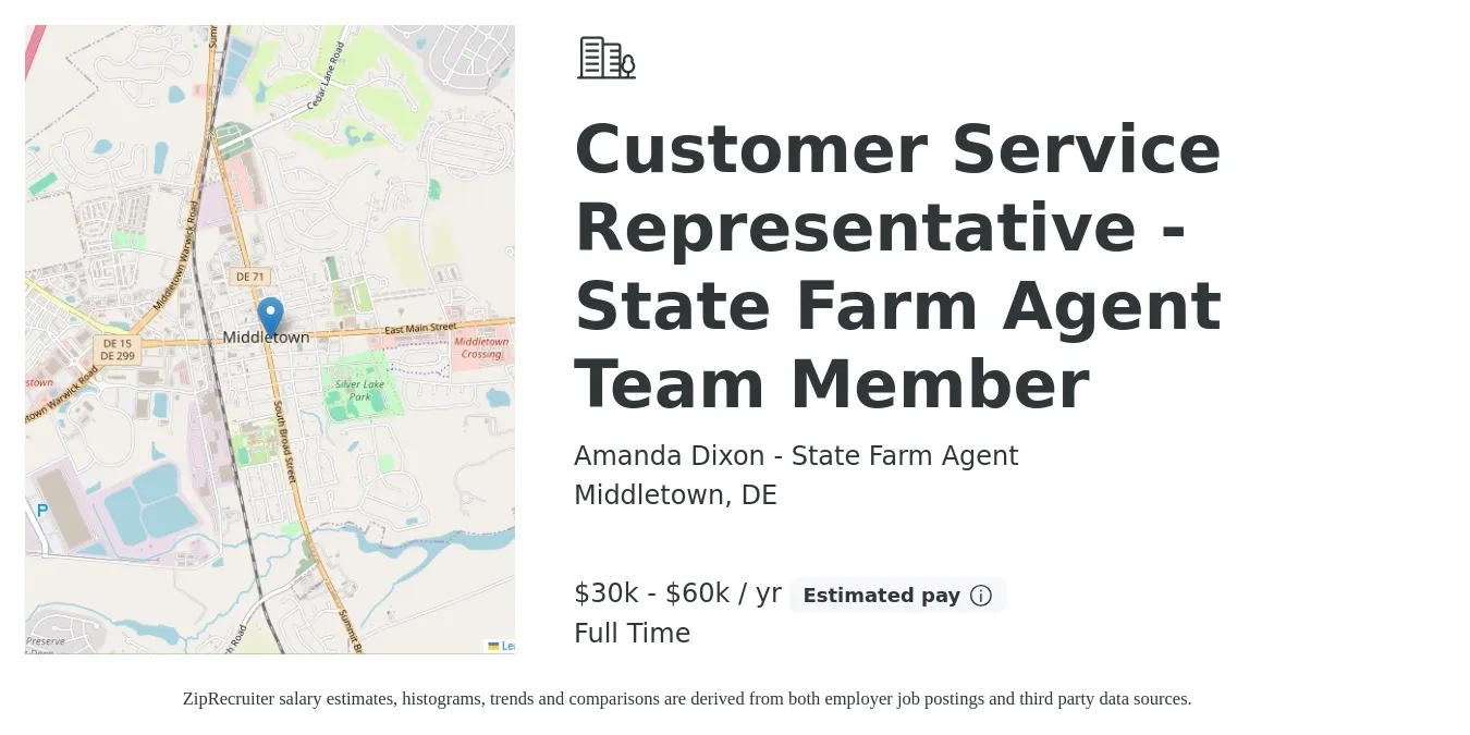 Amanda Dixon - State Farm Agent job posting for a Customer Service Representative - State Farm Agent Team Member in Middletown, DE with a salary of $30,000 to $60,000 Yearly with a map of Middletown location.