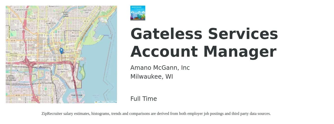 Amano McGann, Inc job posting for a Gateless Services Account Manager in Milwaukee, WI with a salary of $45,800 to $80,300 Yearly with a map of Milwaukee location.