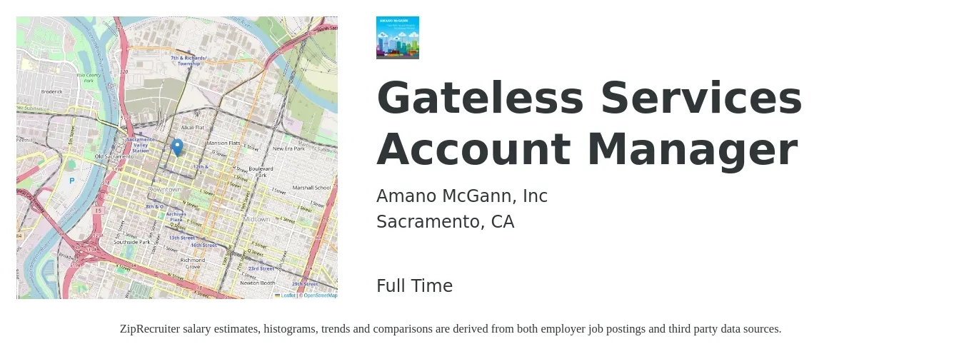 Amano McGann, Inc job posting for a Gateless Services Account Manager in Sacramento, CA with a salary of $49,600 to $86,900 Yearly with a map of Sacramento location.