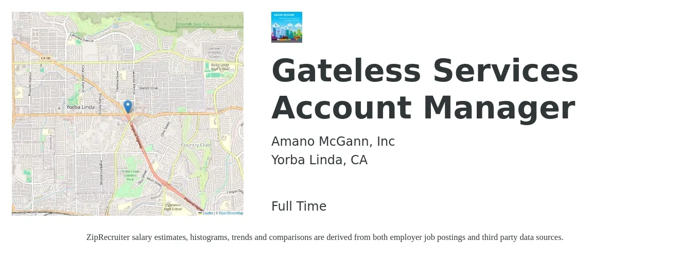 Amano McGann, Inc job posting for a Gateless Services Account Manager in Yorba Linda, CA with a salary of $49,000 to $85,800 Yearly with a map of Yorba Linda location.