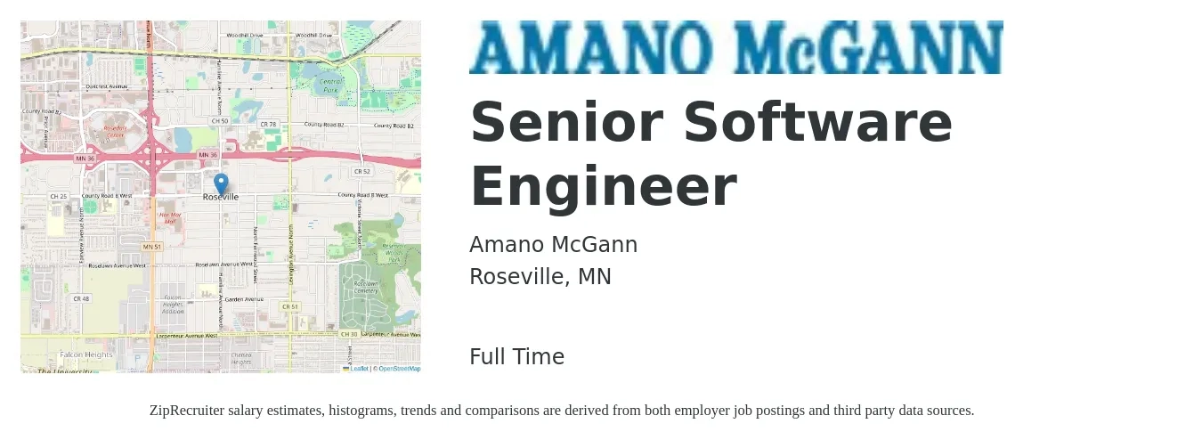 Amano McGann job posting for a Senior Software Engineer in Roseville, MN with a salary of $127,600 to $168,200 Yearly with a map of Roseville location.