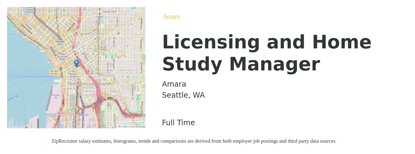 Amara job posting for a Licensing and Home Study Manager in Seattle, WA with a salary of $62,000 to $98,400 Yearly with a map of Seattle location.