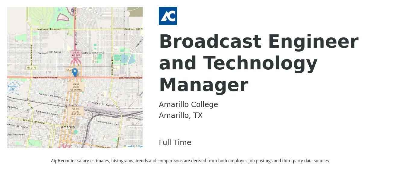 Amarillo College job posting for a Broadcast Engineer and Technology Manager in Amarillo, TX with a salary of $59,000 to $102,900 Yearly with a map of Amarillo location.