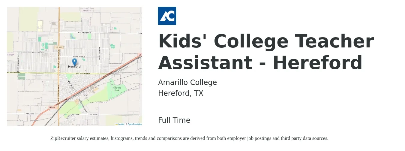 Amarillo College job posting for a Kids' College Teacher Assistant - Hereford in Hereford, TX with a salary of $15 Hourly with a map of Hereford location.