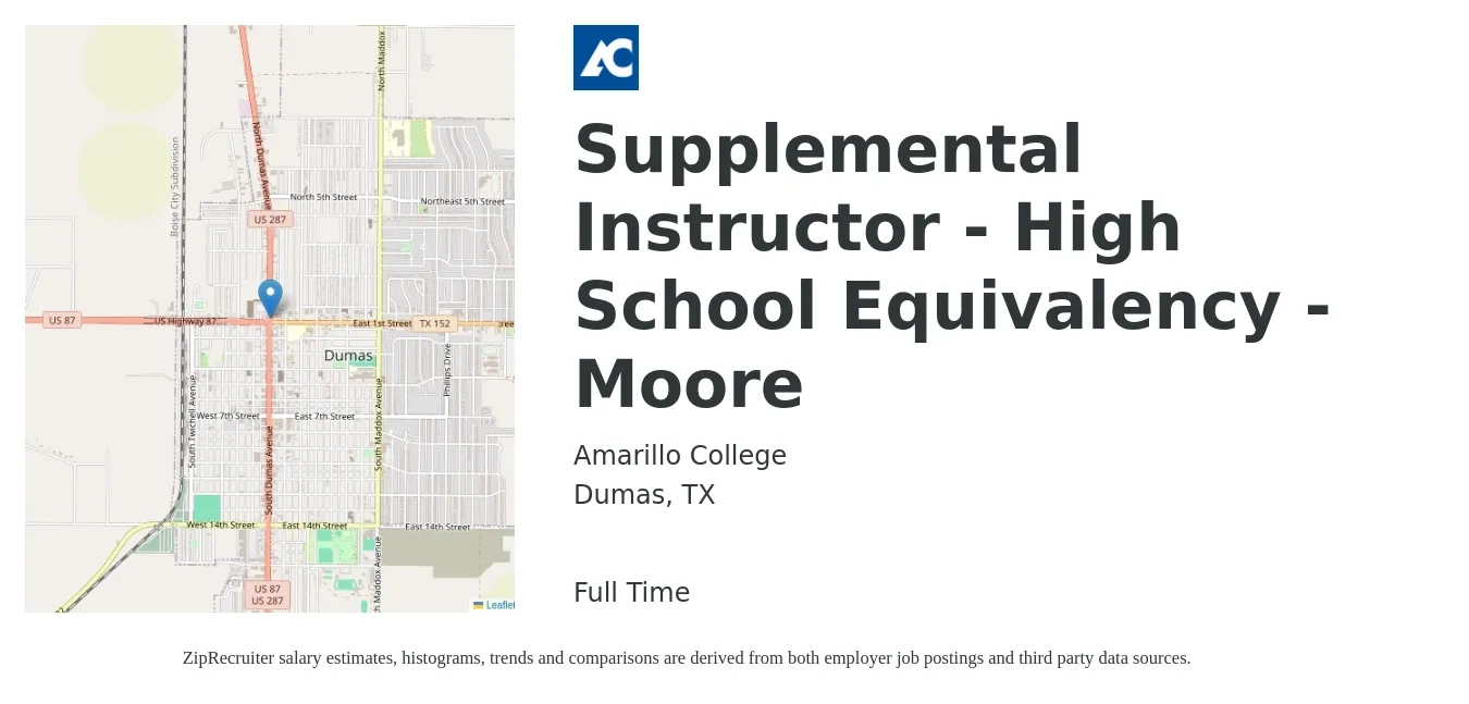 Amarillo College job posting for a Supplemental Instructor - High School Equivalency - Moore in Dumas, TX with a salary of $14 to $20 Hourly with a map of Dumas location.