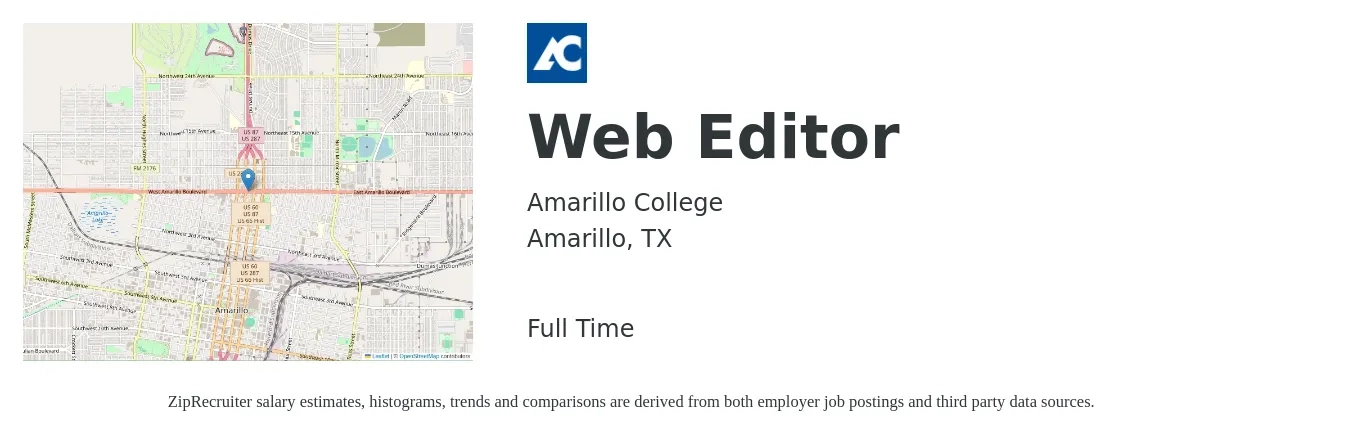 Amarillo College job posting for a Web Editor in Amarillo, TX with a salary of $28 to $31 Hourly with a map of Amarillo location.