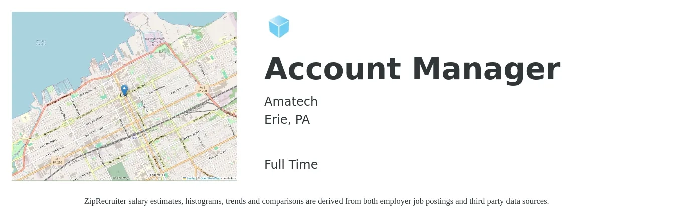 Amatech job posting for a Account Manager in Erie, PA with a salary of $19 to $20 Hourly with a map of Erie location.