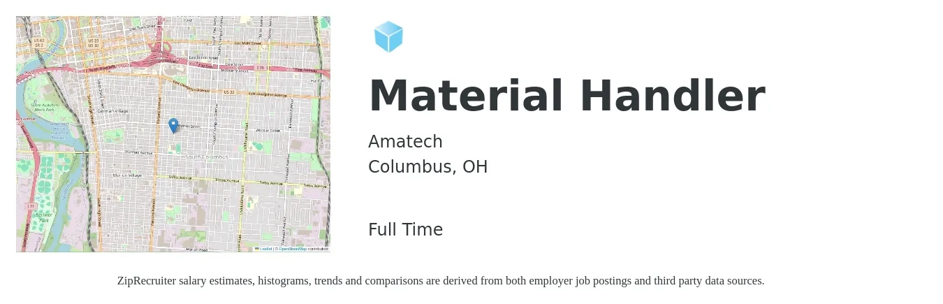 Amatech job posting for a Material Handler in Columbus, OH with a salary of $17 to $18 Hourly with a map of Columbus location.