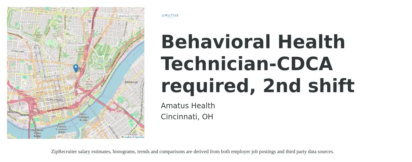 Amatus Health job posting for a Behavioral Health Technician-CDCA required, 2nd shift in Cincinnati, OH with a salary of $16 to $19 Hourly with a map of Cincinnati location.
