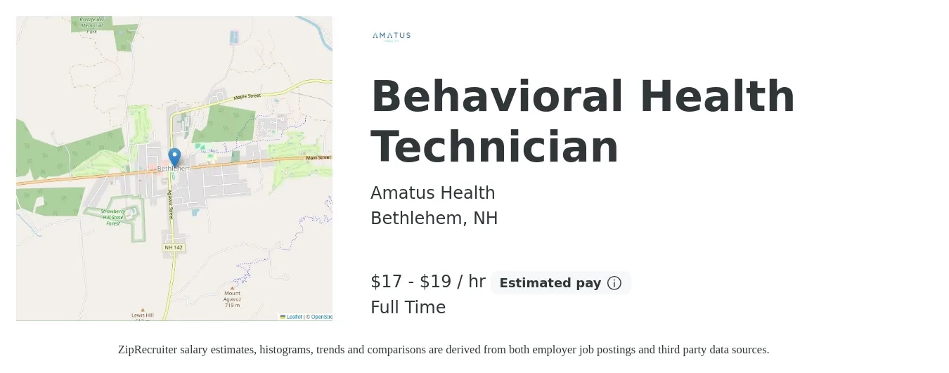 Amatus Health job posting for a Behavioral Health Technician in Bethlehem, NH with a salary of $18 to $20 Hourly with a map of Bethlehem location.