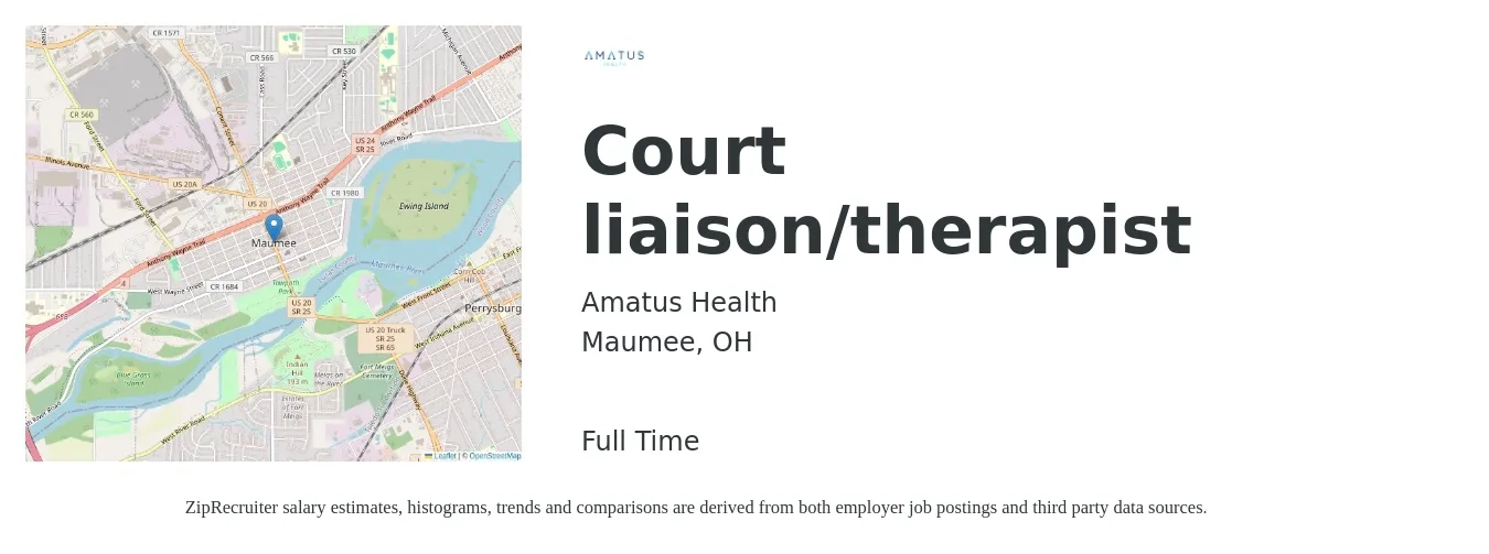 Amatus Health job posting for a Court liaison/therapist in Maumee, OH with a salary of $56,600 to $80,100 Yearly with a map of Maumee location.