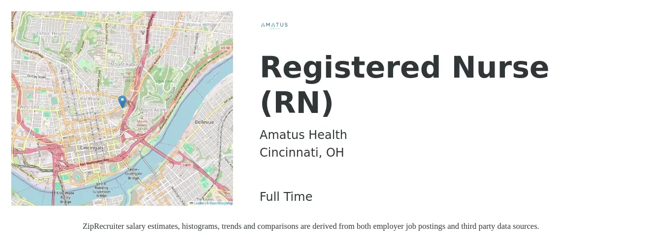 Amatus Health job posting for a Registered Nurse (RN) in Cincinnati, OH with a salary of $32 to $50 Hourly with a map of Cincinnati location.