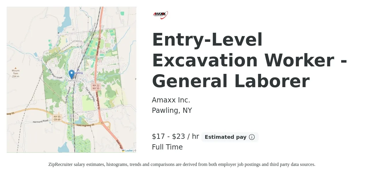 Amaxx Inc. job posting for a Entry-Level Excavation Worker - General Laborer in Pawling, NY with a salary of $18 to $24 Hourly with a map of Pawling location.