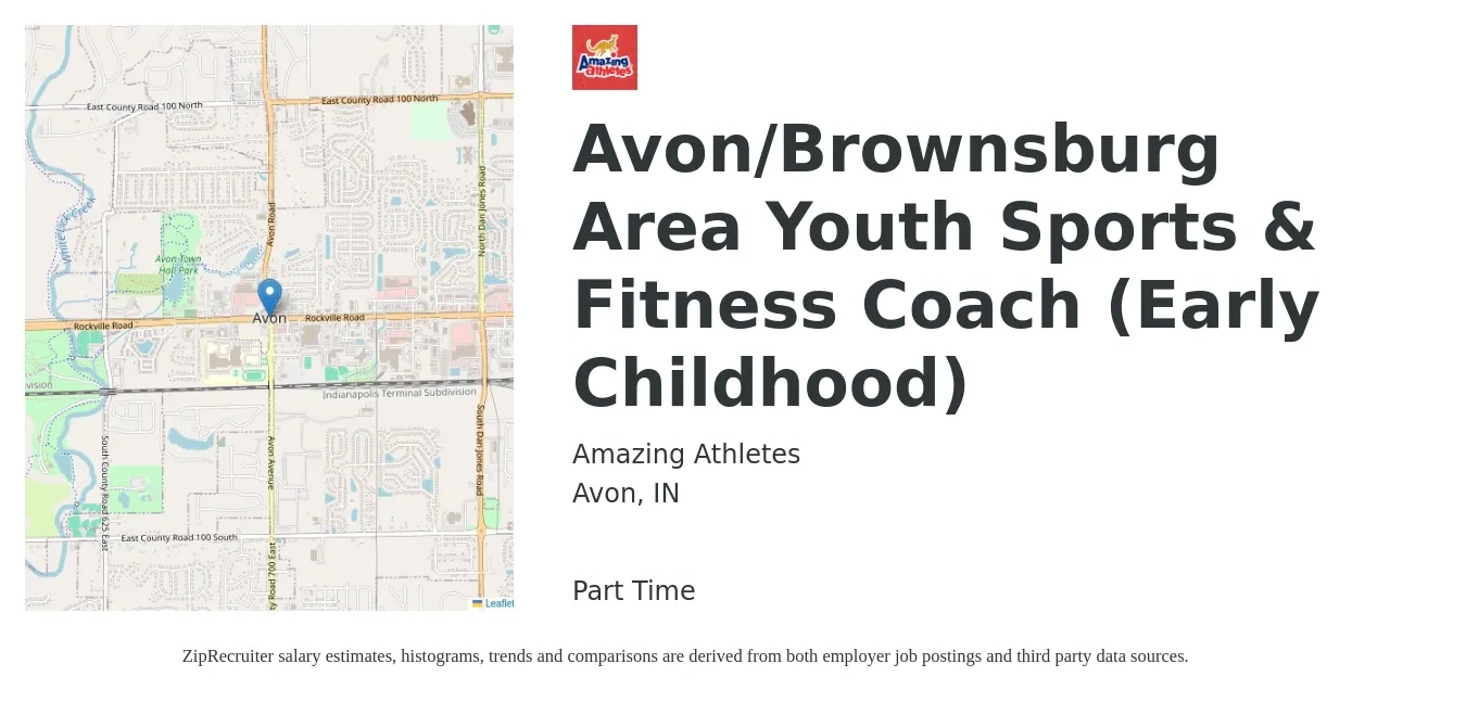 Amazing Athletes job posting for a Avon/Brownsburg Area Youth Sports & Fitness Coach (Early Childhood) in Avon, IN with a salary of $14 to $20 Hourly with a map of Avon location.