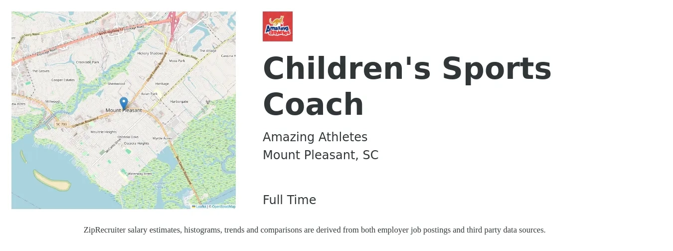 Amazing Athletes job posting for a Children's Sports Coach in Mount Pleasant, SC with a salary of $18 to $20 Hourly with a map of Mount Pleasant location.