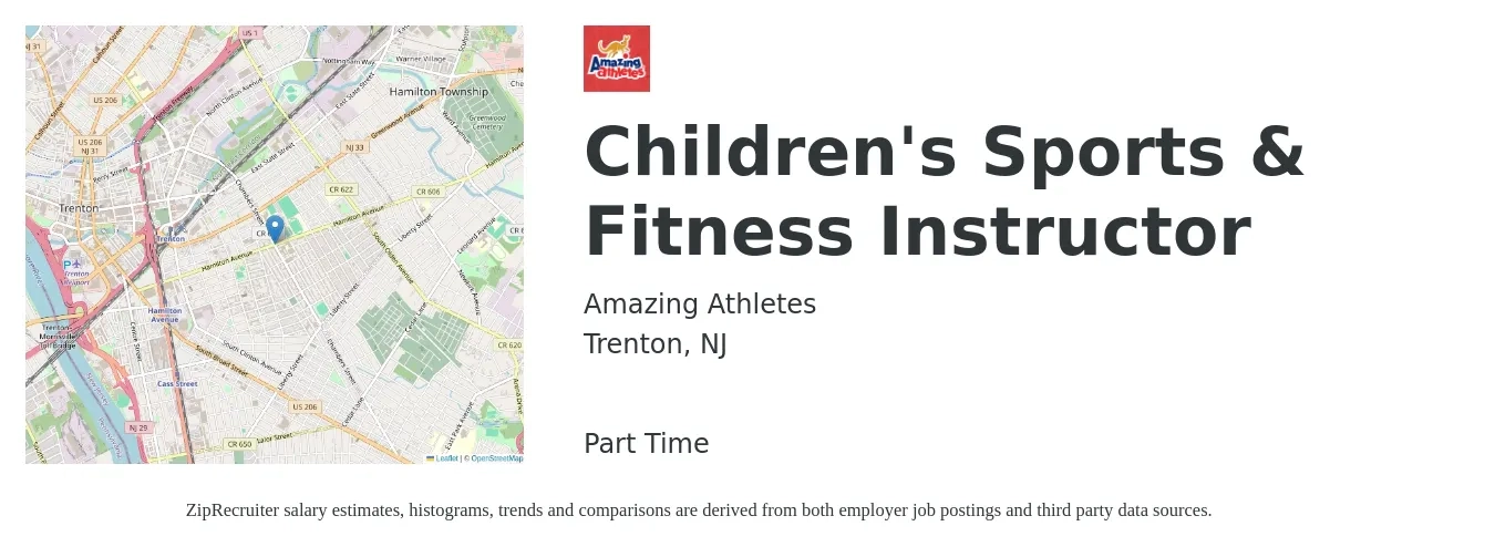 Amazing Athletes job posting for a Children's Sports & Fitness Instructor in Trenton, NJ with a salary of $25 to $35 Hourly with a map of Trenton location.