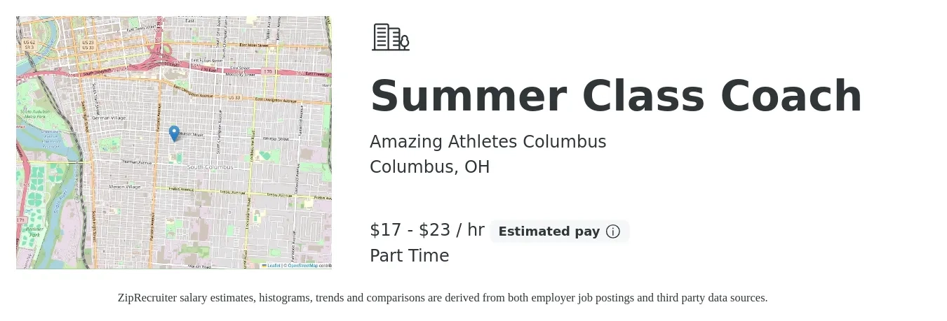 Amazing Athletes Columbus job posting for a Summer Class Coach in Columbus, OH with a salary of $18 to $24 Hourly with a map of Columbus location.