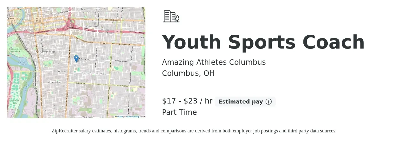 Amazing Athletes Columbus job posting for a Youth Sports Coach in Columbus, OH with a salary of $18 to $24 Hourly with a map of Columbus location.